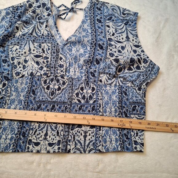 Old Navy Floral Crop Top Sz XXL Smocked Waist Back Tie Boho Peasant Coastal Blue - Picture 13 of 14